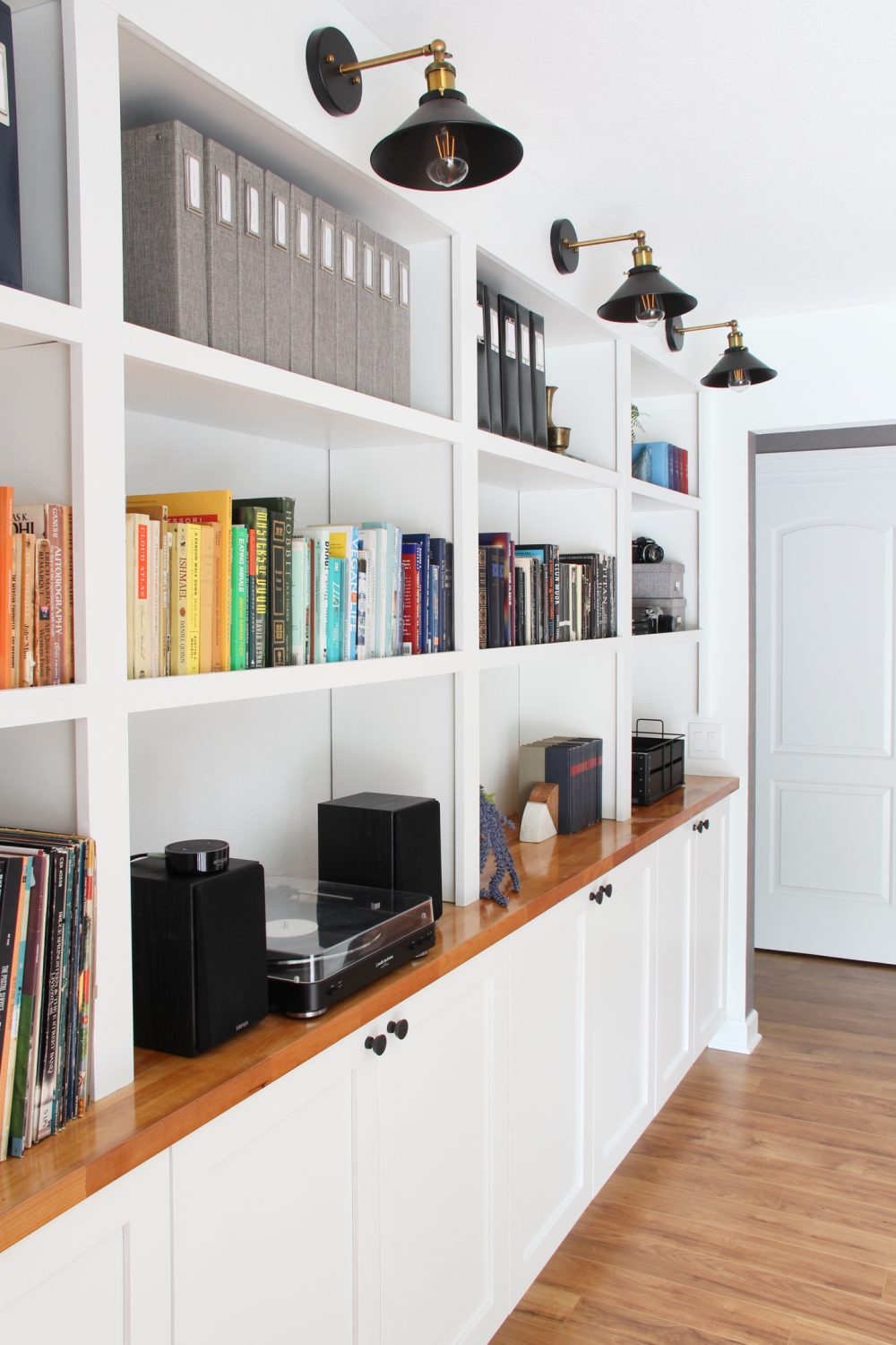 Base cabinets for built shop in bookshelves