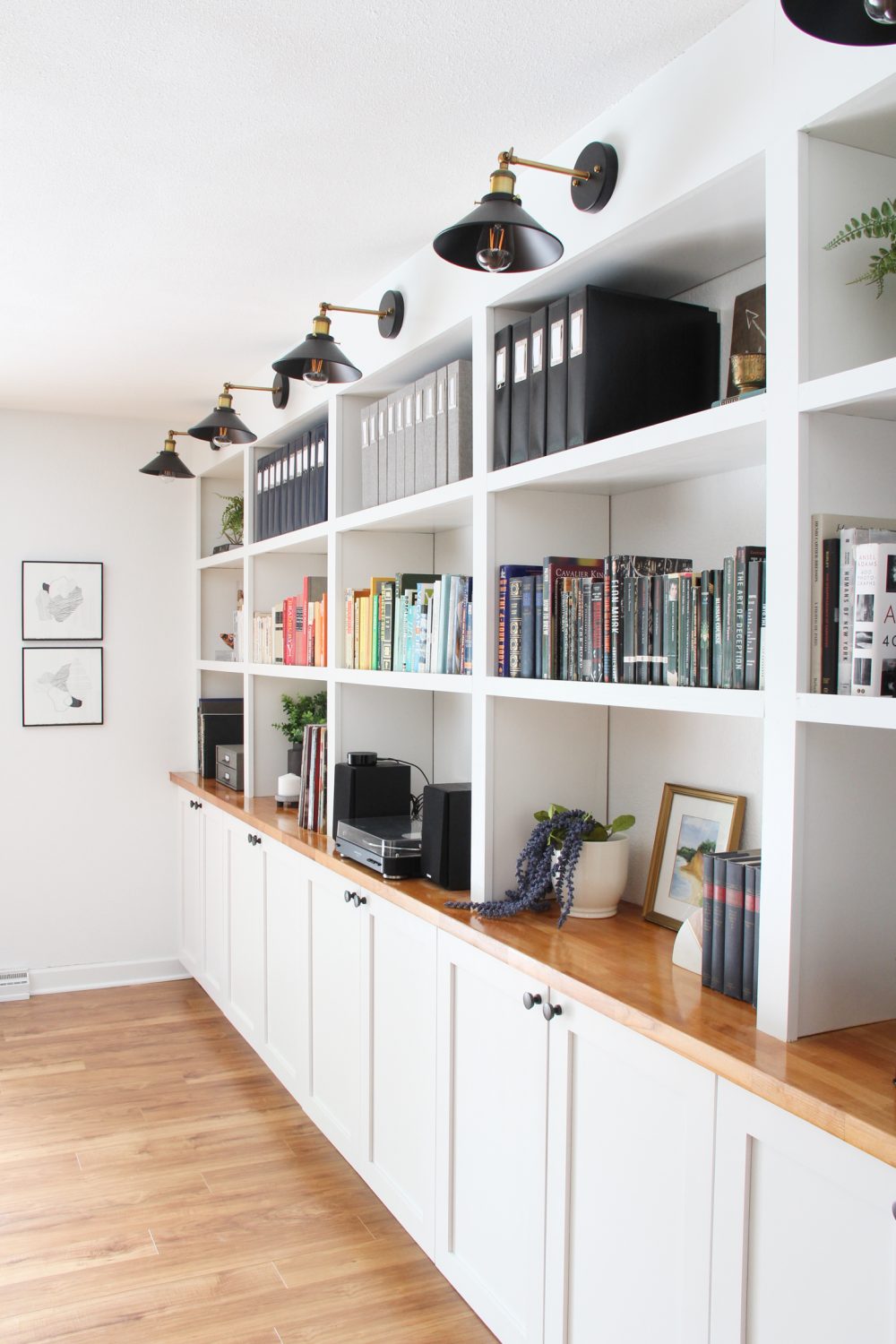 Built in bookshelves using kitchen deals cabinets